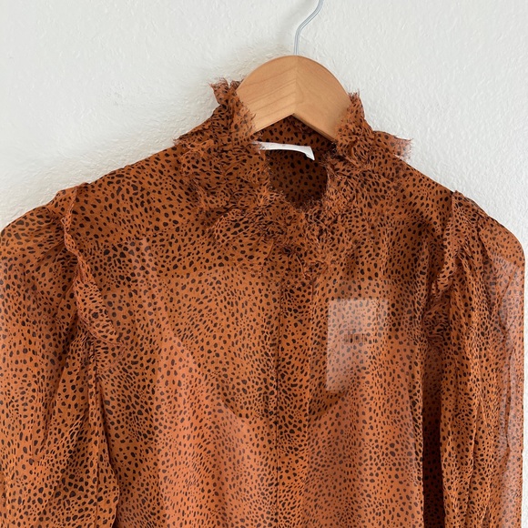 7 FOR ALL MANKIND blouse / NWT animal print sheer silk ruffle blouse / size XS - Picture 2 of 6